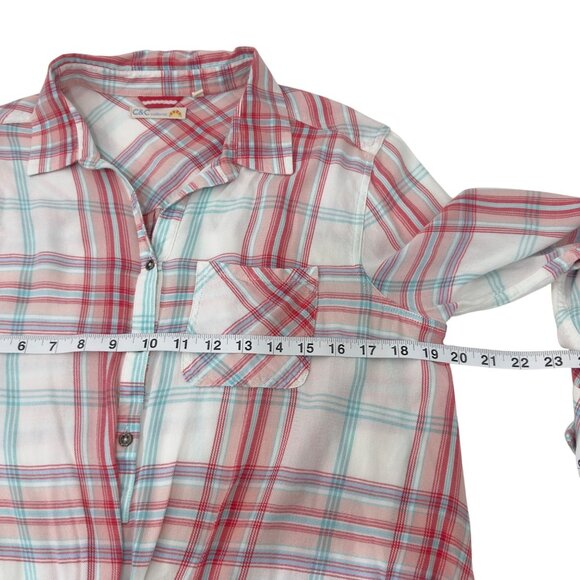 C&C California Women Plaid Button-Up Shirt M Pink & Teal Long Sleeve Twist Front - Picture 5 of 9